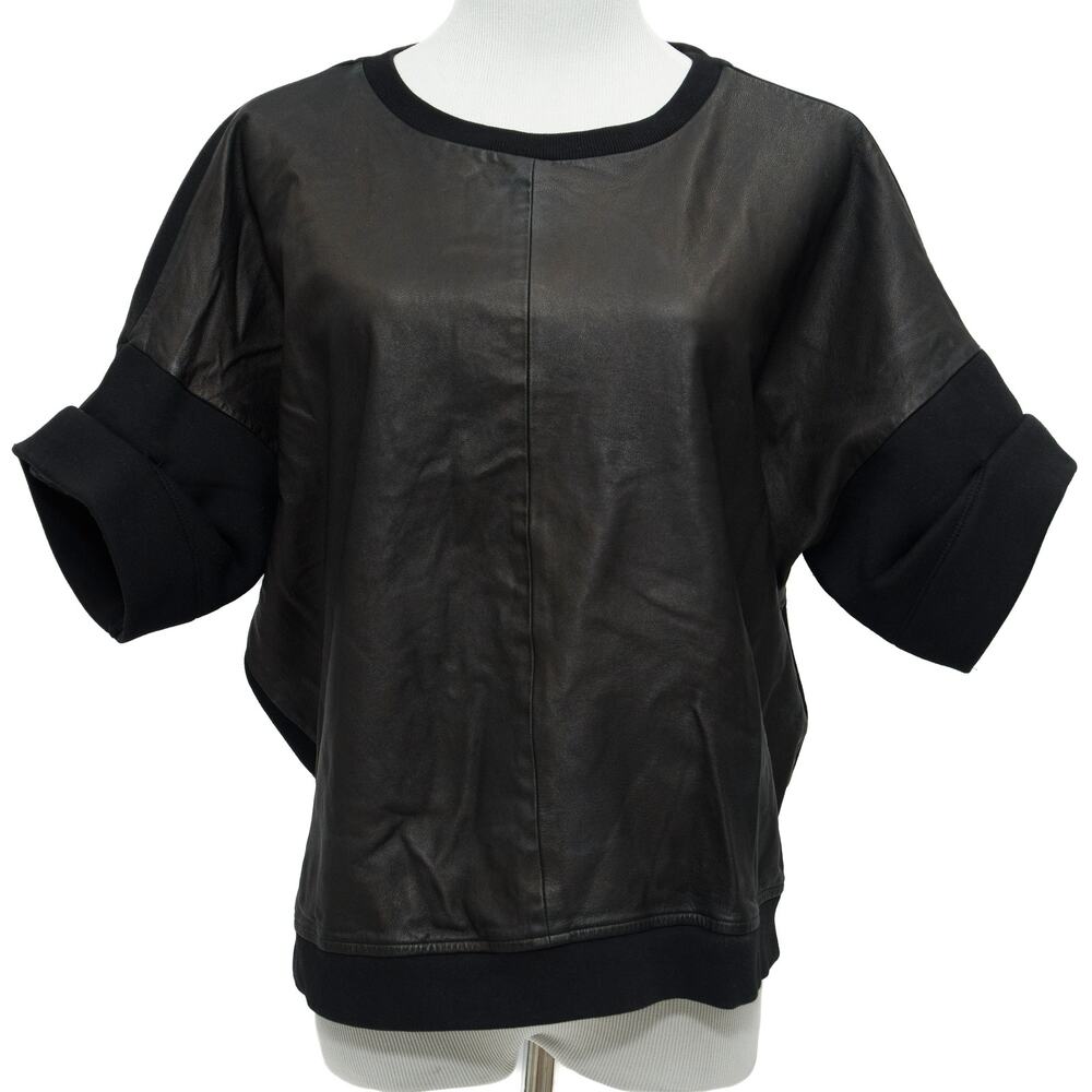 Allsaints Black Short Sleeve Leather Front Sweatshirt Size 4